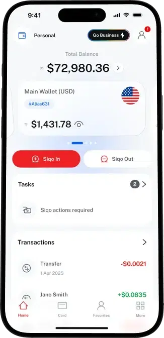 SIQO mobile app financing dashboard