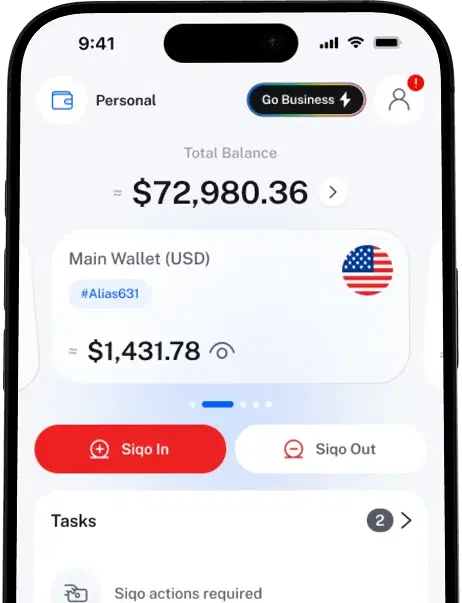 SIQO app interface showing digital wallet features